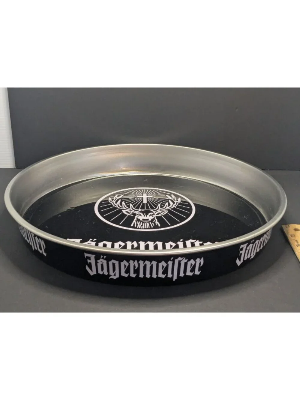Jägermeister Bar Serving Tray 14-Inch Round Stag Logo Black Silver Metal